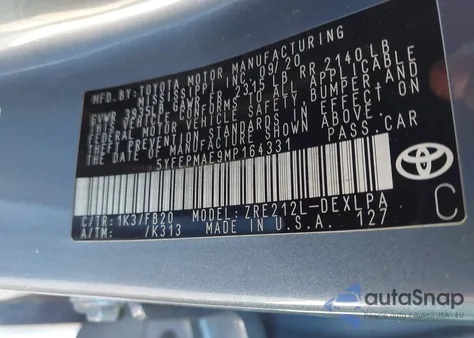 2021 Toyota Corolla Le из США, поврежденный, VIN 5YFEPMAE9MP164331